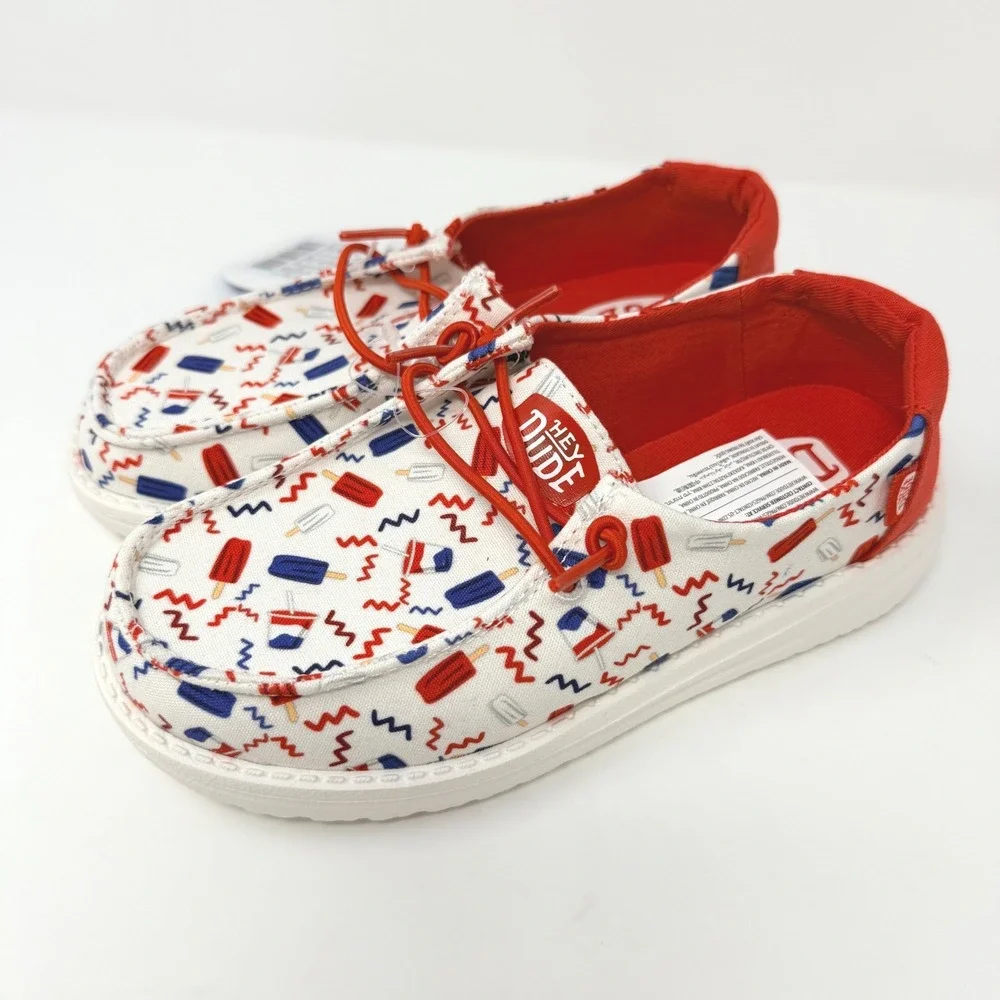 Hey Dude Wendy Youth YT1 Summer Americana Varsity Red Multi Shoes 42165-6WE NEW
